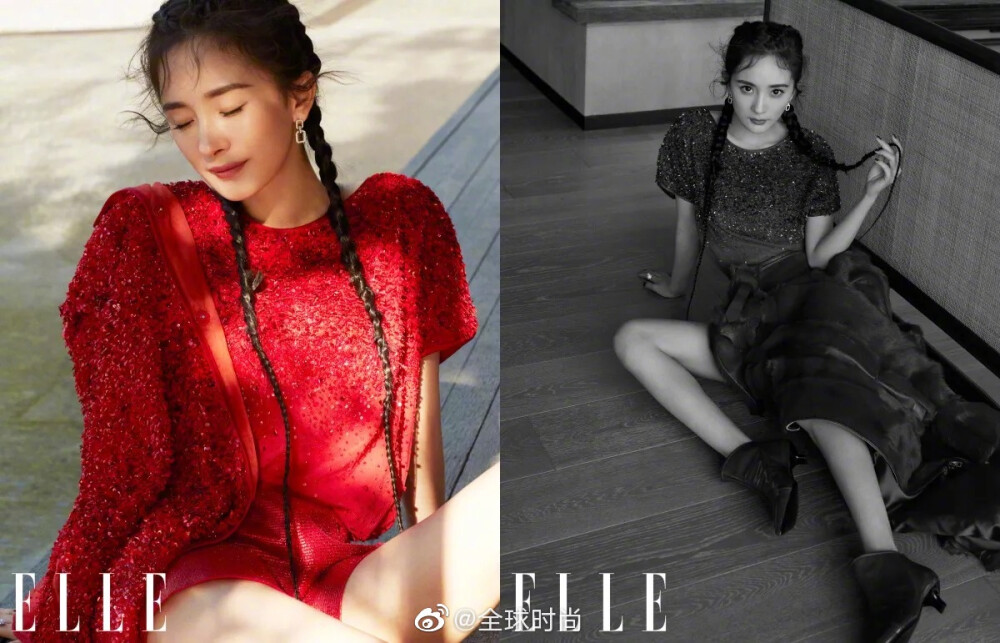 #杨幂 鱼骨辫# 杨幂登《ELLE》十一月刊封面，深V红裙搭配鱼骨辫发型，用活泼调皮完美平衡浓艳与夸张，大幂幂的少女感多年不变。