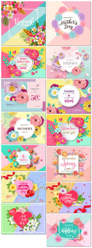 春天纸艺花卉母亲节妇女节贺卡活动促销海报背景矢量素材模板设计