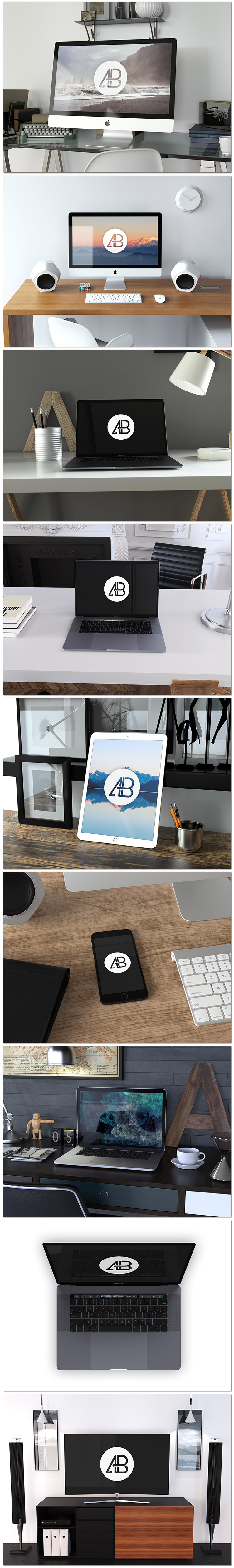 苹果平板笔记本电脑桌面书房客厅模型展示样机psd模板素材设计