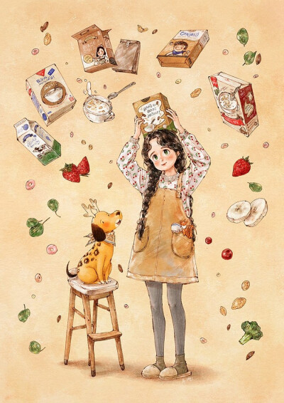 营养的谷物早餐，开启活力新一天 ~ 来自韩国插画家Aeppol 的「森林女孩日记-2020」系列插画。