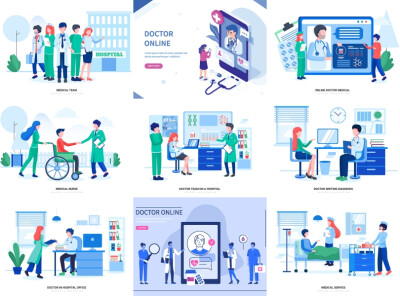 【下载更多请点头像】创意现代医学体检健康治疗康复诊断网页手机插画海报设计素材