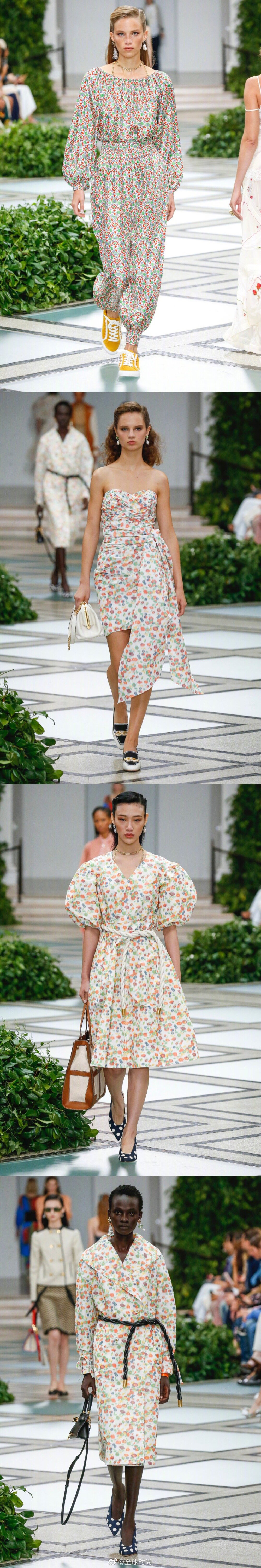 #2020春夏时装周# Tory Burch 2020 S/S 大秀 — 复古元素致敬戴安娜王妃，碎花长裙、高腰半裙、泡泡袖以及频繁亮相的平底鞋，浓郁的英式花园风情。