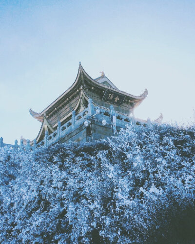 峨眉山 云拥半岭雪，花吐一溪烟！