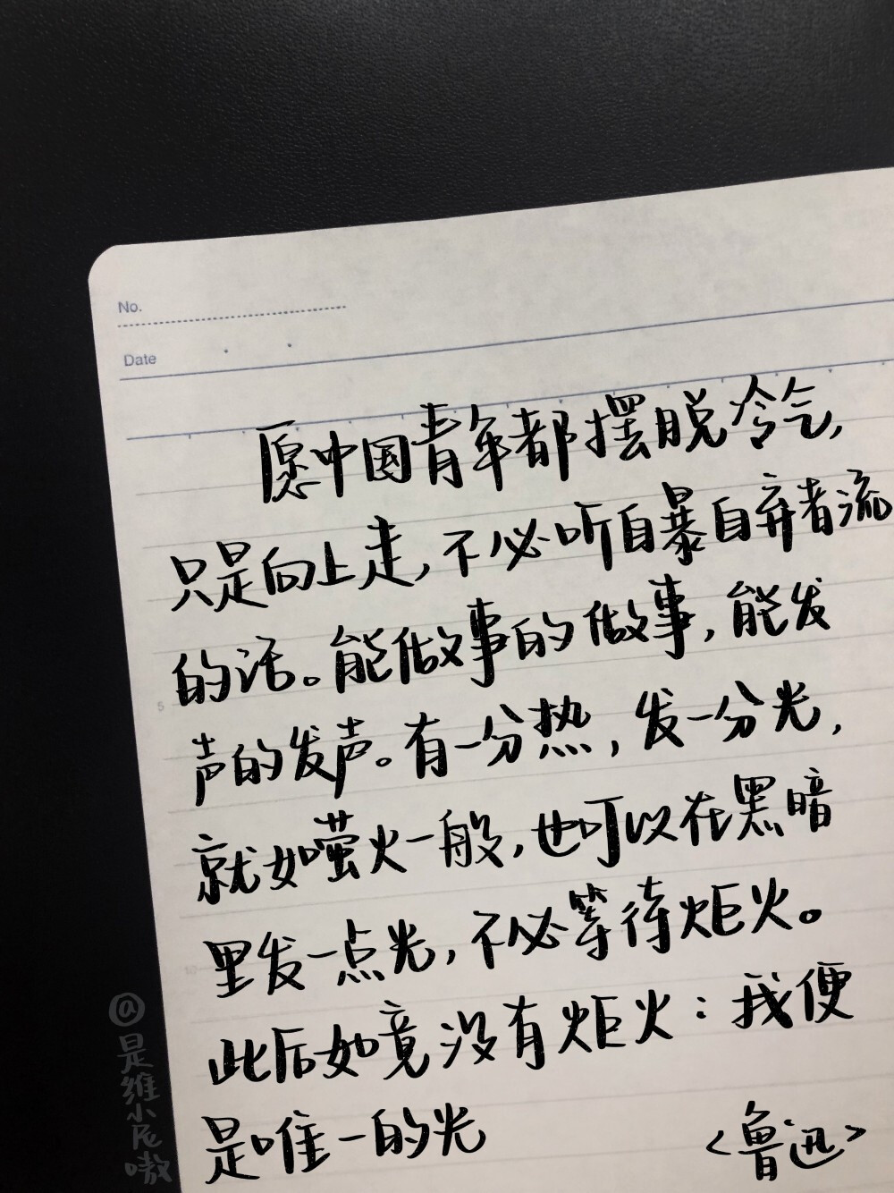 “所以我时常害怕，愿中国青年都摆脱冷气，只是向上走，不必听自暴自弃者流的话。能做事的做事，能发声的发声。有一分热，发一分光，就令萤火一般，也可以在黑暗里发一点光，不必等候炬火。
此后如竟没有炬火：我便是唯一的光。倘若有了炬火，出了太阳，我们自然心悦诚服的消失。不但毫无不平，而且还要随喜赞美这炬火或太阳；因为他照了人类，连我都在内。”
----鲁迅《热风》
cr@是维小尼嗷
#Winnie的摘抄#