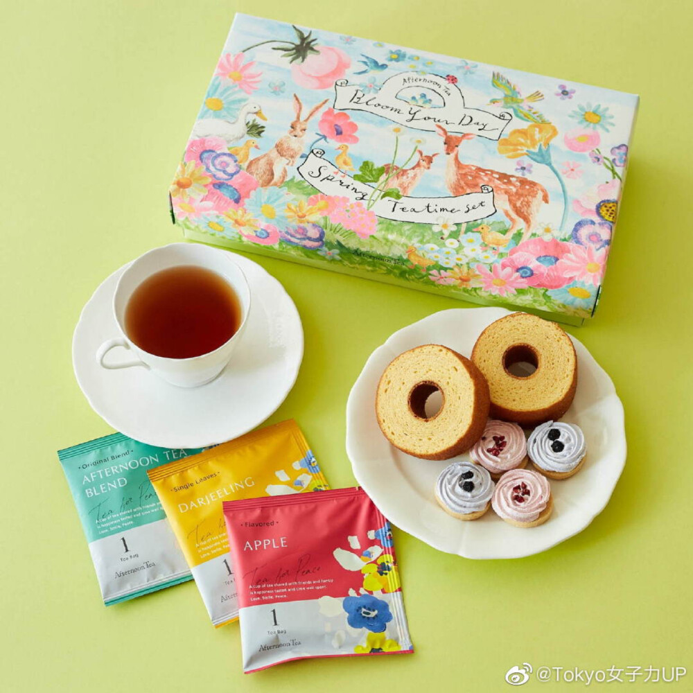 Afternoon tea room和日本人气插画家利光春華合作的茶系列，春天气息的梦幻花朵和动物图案包装，超级可爱[太开心] #Tokyo女子力up# ​​​