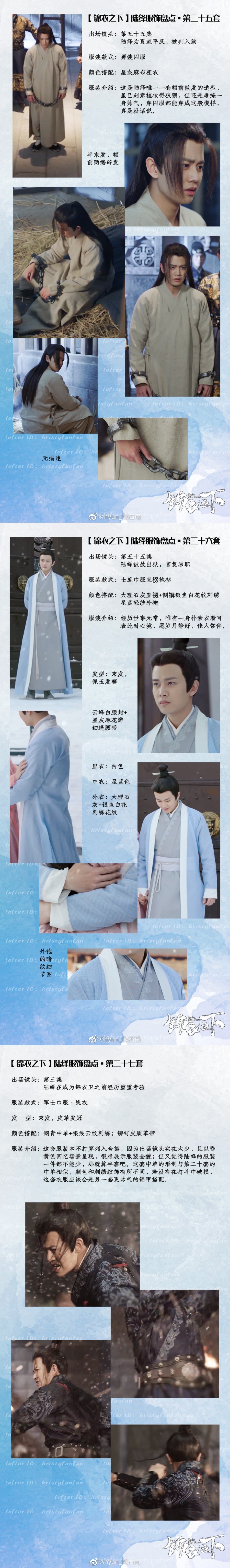 #锦衣之下[##任嘉伦##锦衣之下##任嘉伦#
『陆绎』服装盘点汇总：
陆绎全集共27套服装，变换造型33轮
服装关键词：霸气、帅气、贵气
这是第一次整理古装造型，可能还有很多不专业的地方，请多包涵指教。
借此机会，想感谢#锦衣之下# 剧组@ShirleyChan陳顧方 @方思哲-素衣锦缘 服装老师的辛苦付出，从主演到配角，甚至是每一位茄呢啡演员的服装，老师们都花了很多心思，是你们让这部剧添色发光，谢谢
最后想暗戳戳地问一句@制片人吴若妍 @尹涛导演 老板们要不要考虑重做特效？我们都很愿意众筹的！
感谢@沉默螺旋130 （LOFTER ID : Kristyfanfan）小仙女的帮助，合集版权归我二人所有，请勿私自更改，转载请注明出处。
cr@hyun_歐石南