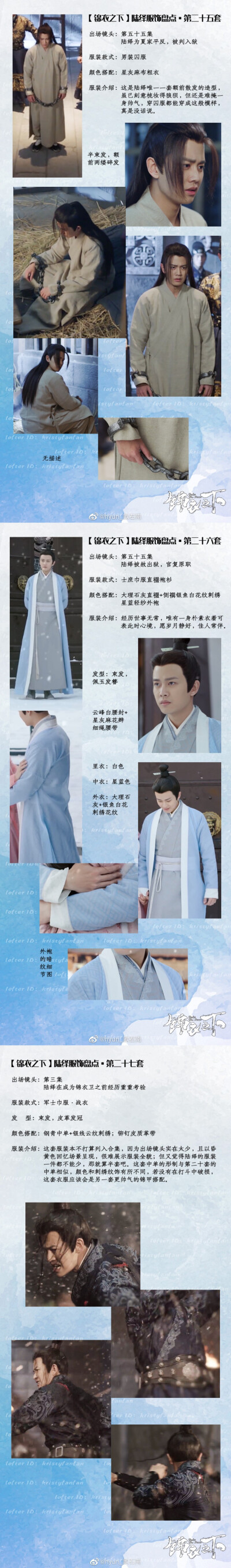 #锦衣之下[##任嘉伦##锦衣之下##任嘉伦#
『陆绎』服装盘点汇总：
陆绎全集共27套服装，变换造型33轮
服装关键词：霸气、帅气、贵气
这是第一次整理古装造型，可能还有很多不专业的地方，请多包涵指教。
借此机会，…