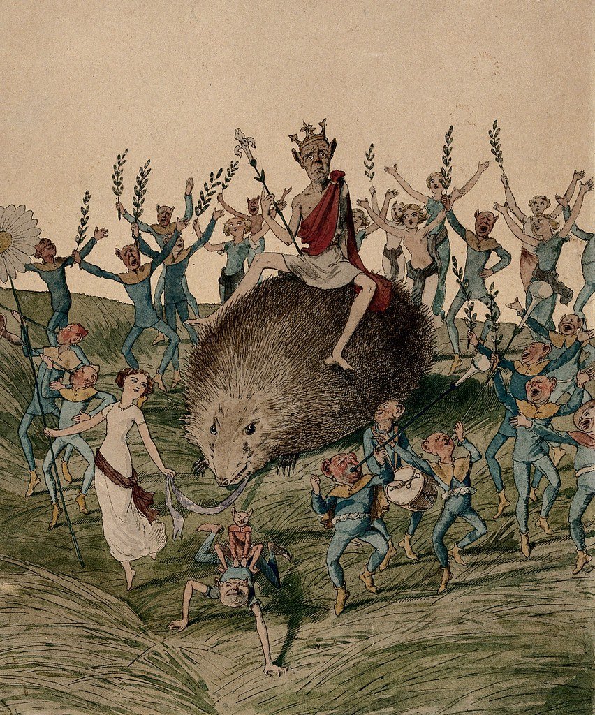 #纸间怪物#Charles Altamont Doyle（1832-1893）,福尔摩斯系列作者的亲生父亲，《囚犯灵魂》描绘了一个充满幻想的场景，精灵、妖精和奇幻动物从蒙特罗斯疯人院的屋顶上倾泻而下，落在阴森森的墙壁上。它以超现实的角度揭示了画家精神世界中的不安和快乐。