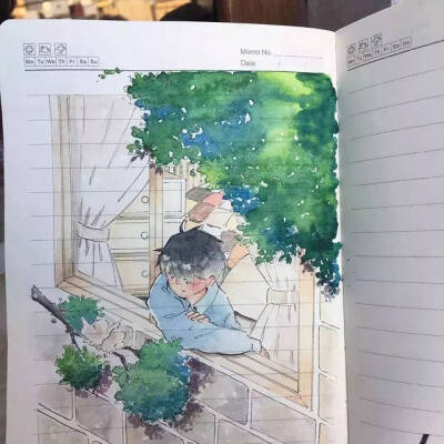 画在笔记本上的水彩画