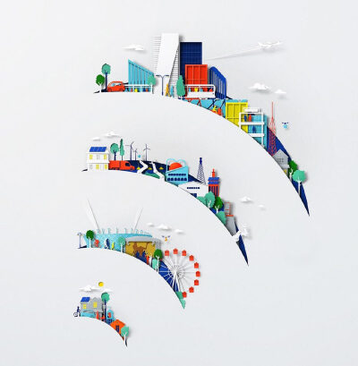 剪纸风格的 5G主题插画广告作品，by：Eiko Ojala