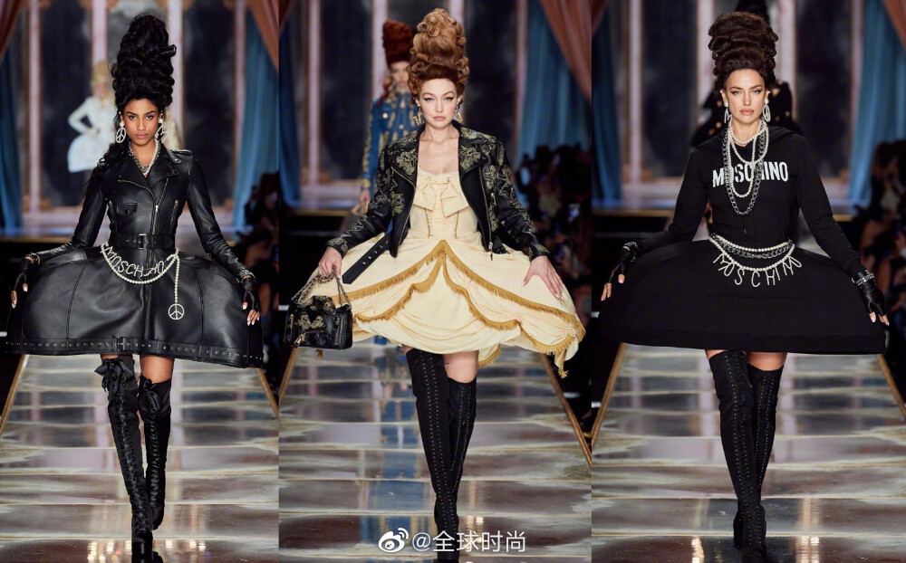 Moschino F/W20，依旧是充满梦幻浪漫色彩的moschino风，“高耸入云”的糖果色卷发，奢华公主的夸张裙摆，更加充满了戏剧化色彩，越看越好看的蛋糕礼服，也正是巴洛克风的魅力所在。