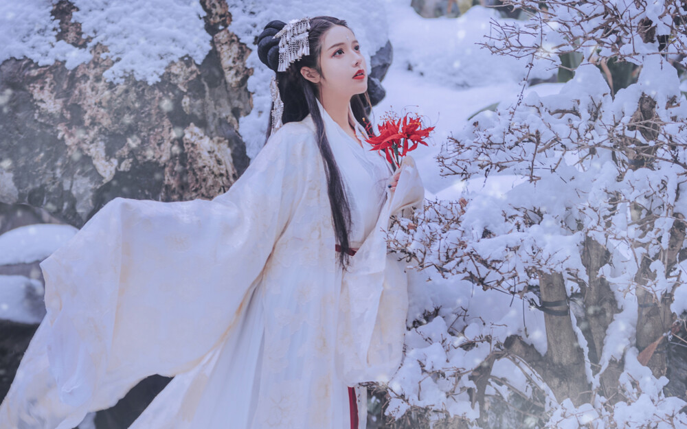 少女写真 桌面壁纸 古装 汉服 白衣 雪地