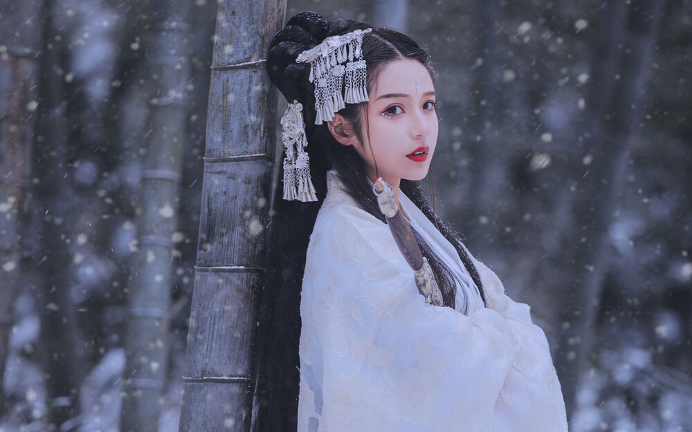 少女写真 桌面壁纸 古装 汉服 白衣 雪地