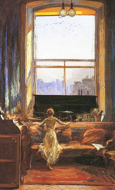 爱尔兰画家约翰•拉弗里（John Lavery，1856-1941）笔下的居室，温馨又雅致：枝形水晶吊灯与壁炉内的炉火交相辉映；挂镜拓展视觉空间；更有瓷器、坐地钟、雕塑、油画凸显屋主人的高雅品味。 ​​​