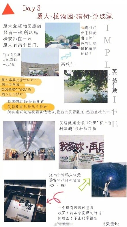 厦门四天三夜旅游攻略行程：白城沙滩—曾厝垵           鼓浪屿—沙坡尾           厦大—植物园—顶澳仔猫街—沙坡尾           南普陀٩꒰๑• ̫•๑꒱۶作者：央酱ko #旅行日常#