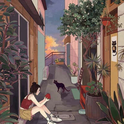 少女与猫 插画 画师mochipanko作品