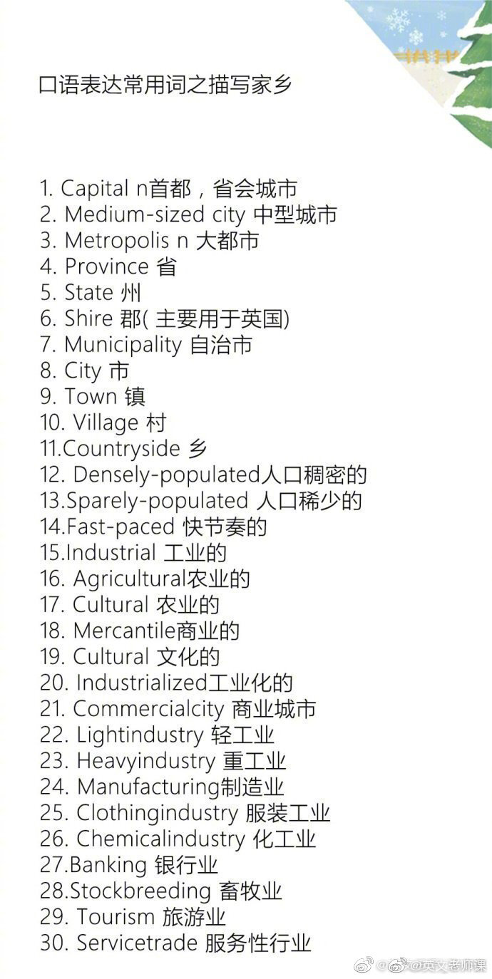 9类英语口语表达常用词汇短语：性格特点、描述家乡、个人经历、环境保护...等，对雅思托福口语、考研复试都很有帮助！