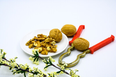 食品 食物 植物 果实 成熟的 特写 绿色食品 美味 零食 坚果 干果 核桃 核桃仁 膳食纤维 小吃 益智 亚洲 健康食物 有机食品 膳食 养生 滋补 营养 食材 生活方式 健康的 白色背景 白瓷盘 干果钳 简单背景
