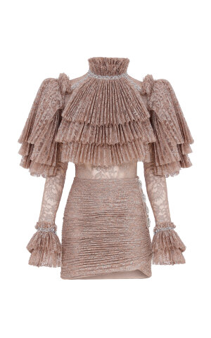 Ruffled Lace-Plissé Mini Dress by Raisa Vanessa | Moda Operandi