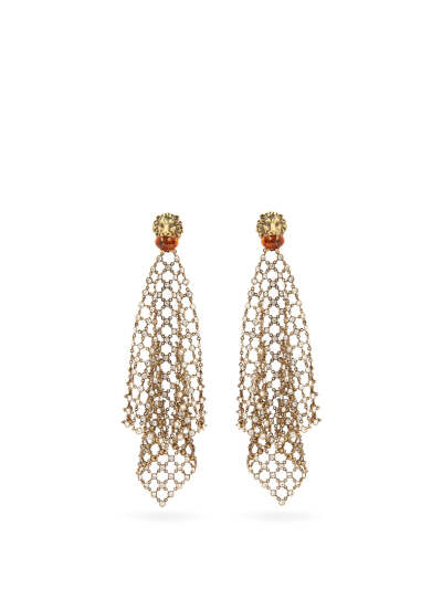 Lion crystal-mesh drop clip earrings | Gucci