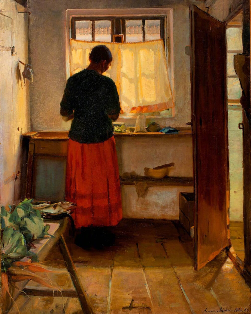 安娜·安彻（Anna Ancher，1859-1935）丹麦印象派女性画家，斯卡恩（Skagen）
画派代表人物，也是唯一来自本地的斯卡恩画家社团成员。作品多以北欧海滨城市的家庭日常生活为主题，她在作品中不断创新光色运用和构图布局。
她的丈夫迈克尔·安彻（Michael Ancher，1849-1927）也是丹麦著名画家，安娜是斯卡恩一家酒店老板的女儿，迈克尔是她的家庭教师，两人因绘画相识相恋。后来，安娜的声望超过了迈克尔。
安娜·安彻被认为是丹麦艺术的代表，是丹麦的骄傲，她和丈夫的画像被印在丹麦最大面值货币1000克朗上面。