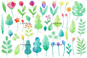 夏季水彩简笔画风格花园花卉叶片装饰背景图案PNG设计素材png394