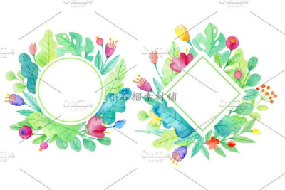 水彩夏季简笔画风格花园花卉叶片装饰背景图案PNG设计素材png394