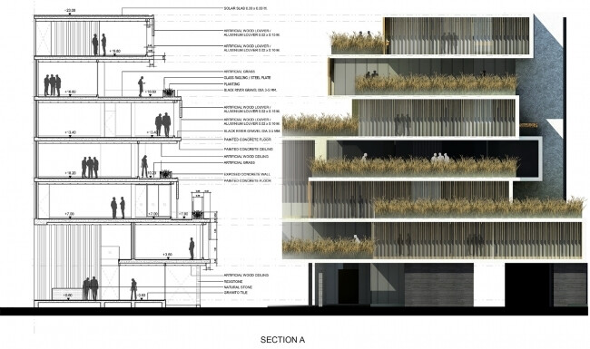 曼谷Inter Crop办公室#可持续绿色建筑#该建筑创造了一种新的工作场所体验。一个由铝制垂直翼片构成的特色的立面成为了外部和内部之间的多重媒介。通过计算太阳角度及其运行轨道后，每个翼片将会跟随各个方向上的太阳光线而改变，这样的设计既可以作为遮阳设备，还可以作为自然通风的通道，从而减少对空调的依赖。每层楼的“水稻梯田”也有助于缓解建筑物的制冷负荷，以完全自然的方式抵御热量的吸收，营造出建筑物特有的微气候，中和可能出现的不平衡气候。