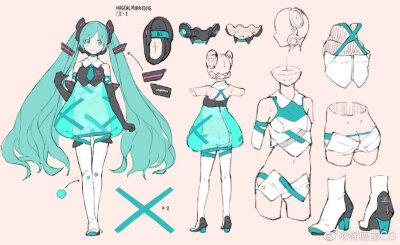 一组初音角色设计图参考 ​