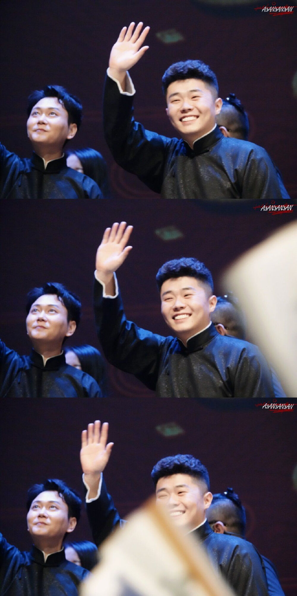 周九良挥手黑色大褂三屏拼接壁纸