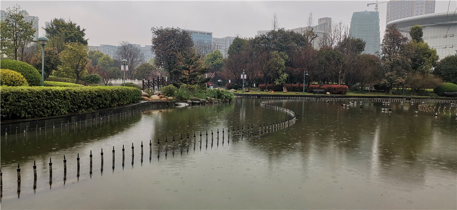 杜甫诗云：“好雨知时节，当春乃发生。随风潜入夜，润物细无声。”春雨润泽世间万物，更预示春天的到来。春雨淅淅沥沥的下着，与花草树木、与山川河流热情拥抱。春雨滴下的声音清脆、悦耳、动听，像一首委婉、抒情、生动的交响乐。春雨有静的感觉，有动的意境，耐人寻味、回味无穷。(摄/肖勇)
