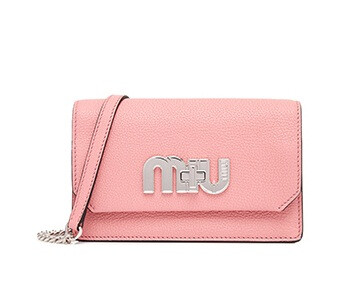 miu miu/缪缪 LOGO MYMIU羊皮粉色金属转扣女包斜挎包链条包