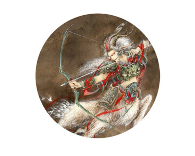 【頞你罗大将——未羊守护神】本地为摩利支天，通身白色，现忿怒形，头发上耸，头戴羊冠，持弓箭。
cr.杉泽