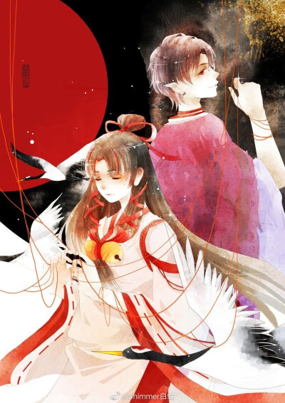 阴阳师
鬼童丸&缘结神，
鬼神cp，童缘
画师微博:Shimmer白蝶