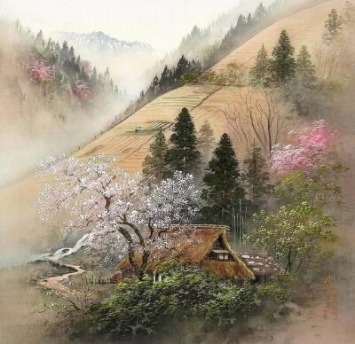 水彩画：日本艺术家小岛光径( Koukei Kojima )山水画作品