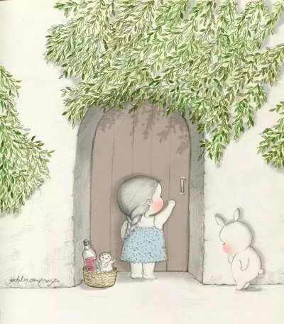 萌哒哒的小女孩与小兔子，快来画吧-韩国画家tokkiinmilano