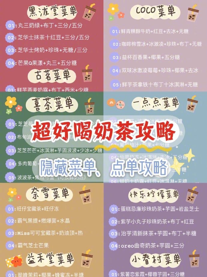 超全的奶茶点单攻略来咯！！▫️喜茶 ▫️coco ▫️一点点 ▫️快乐柠檬 ▫️小眷村 ▫️奈雪 ▫️益禾堂 ▫️蜜雪冰城▫️茶颜悦色 ▫️黑泷堂 ▫️古茗 ▫️贡茶▫️85度c ▫️书亦烧仙草 ▫️鹿角巷 ▫️KOI来和小鱼干一起解锁新喝法！！评论也可以说说你们最爱的点单攻略！！ 来自小 ID：爱吃薯饼的雯雯