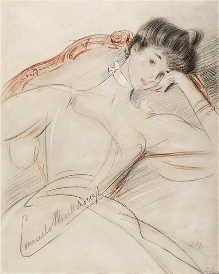 Paul César Helleu（1859年12月17日 - 1927年3月23日）是一位法国油画家，粉彩画家，铜版画设计师，以其众多美丽的社会女性画像而闻名。 他所创作的肖像人物，女性多为巴黎当红名妓利亚纳·德·朴质（Liana de Puzhi）的肖像。
1884年，Helleu受委托绘制一幅名为Alice Guérin（1870-1933）的年轻女子的肖像。 他们坠入爱河，两年后于1886年7月28日结婚。在他们的一生中，她是他最喜欢的模特。 她迷人，精致，优雅，帮助他进入了巴黎的贵族圈子，在那里他们是受欢迎的一对夫妻。
他还构思了纽约市中央车站夜空星座的天花板壁画。
他也是Jean Helleu的父亲和Jacques Helleu的祖父，他们都是Parfums Chanel的艺术总监。
1904年，Helleu被授予Légiond'honneur，并成为巴黎和伦敦爱德华时代最著名的艺术家之一。