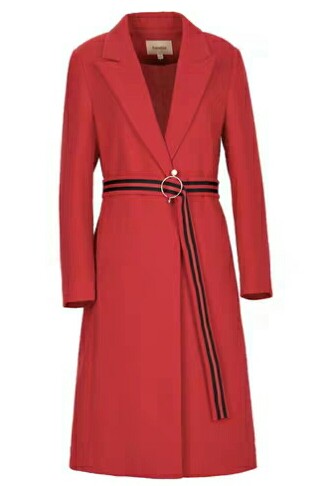 Koradior/珂莱蒂尔 品牌女装2019新款春装红色修身中长款毛呢外套