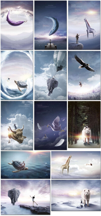 梦幻童话动物鲸鱼大象长颈鹿狼乌龟电影合成海报设计psd模板素材