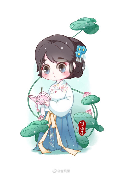 古风人物插画，Q版#汉服#小可爱系列。
（画师@可喵子 ）
上巳佳节谁人知，直道桃林翩纤比花娇。点花钿，描青黛，又是一年好春朝。
#古风插画# ?