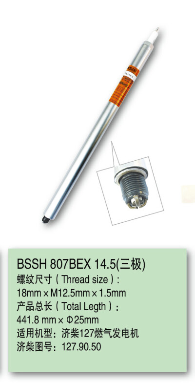 济柴12V190火花塞（点火棒）807BEX14.5
济柴图号：127.90.50
适用于燃气发电机组，沼气发电机组等气体发电机组等。 产品为气体发电机组用点火装置，具有性能稳定等特点，已广泛应用于油田（天然气），煤层气（…