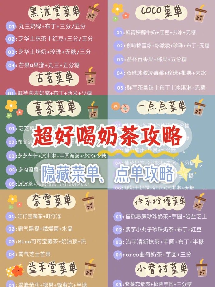 超全的奶茶点单攻略来咯！！▫️喜茶 ▫️coco ▫️一点点 ▫️快乐柠檬 ▫️小眷村 ▫️奈雪 ▫️益禾堂 ▫️蜜雪冰城▫️茶颜悦色 ▫️黑泷堂 ▫️古茗 ▫️贡茶▫️85度c ▫️书亦烧仙草 ▫️鹿角巷 ▫️KOI来和小鱼干一起解锁新喝法！！评论也可以说说你们最爱的点单攻略！！ 来自小 ID：爱吃薯饼的雯雯