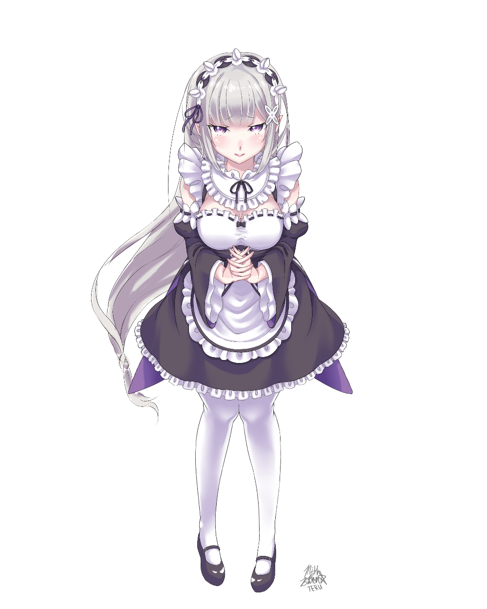 【来源pixiv，侵删】E.M.T Emilia-tan Maid Tenshi!
画师：AteruMorkov
艾米莉娅（亦译：爱蜜莉雅），是日本轻小说《Re：从零开始的异世界生活》及其衍生作品中的女主角，银发紫瞳的半精灵少女，性格十分的老好人，本人却不肯坦率地承认这点，有时则会些许的天然呆。 EMT！
动漫/二次元/原创/同人画/人物插画/手绘/女生头像/壁纸/锁屏/背景/美少女/银发/银长直/紫瞳/白丝