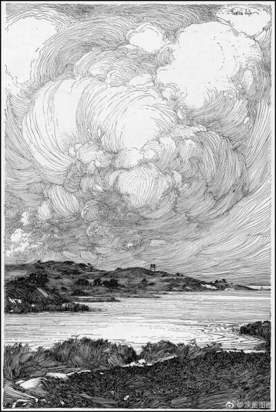 美国插画艺术家 Franklin Booth (1874 – 1948) 小时候看到杂志上的木版画以为是用钢笔画的，就用钢笔创作出了这套独特画风 ​​​。
黑白 线稿