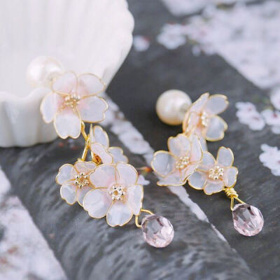定制 2019年樱花季 日本手作代购 造花液浸染立体樱花珍珠2way耳钉耳夹