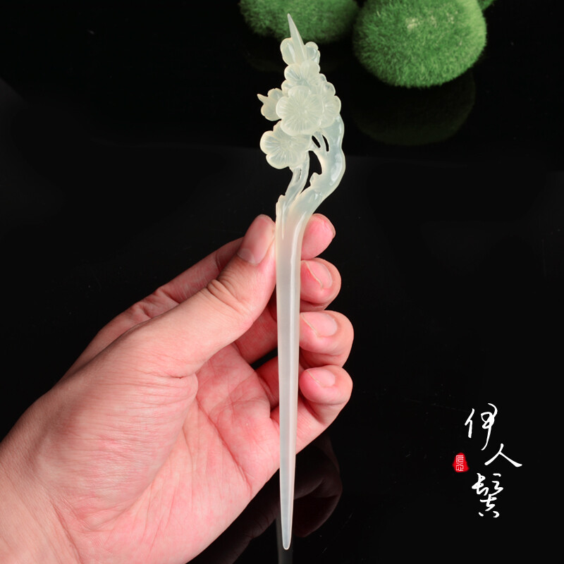 岫玉簪子古風(fēng)漢服配飾白玉發(fā)簪手工流蘇步搖 梅花簪玉笄釵相思梅