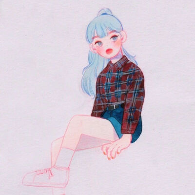 来自于韩国的插画师폼이（ ins：fommy__y ）的彩铅插画作品。作品配色明快丰富的彩铅女孩，线条简单却充满萌感。