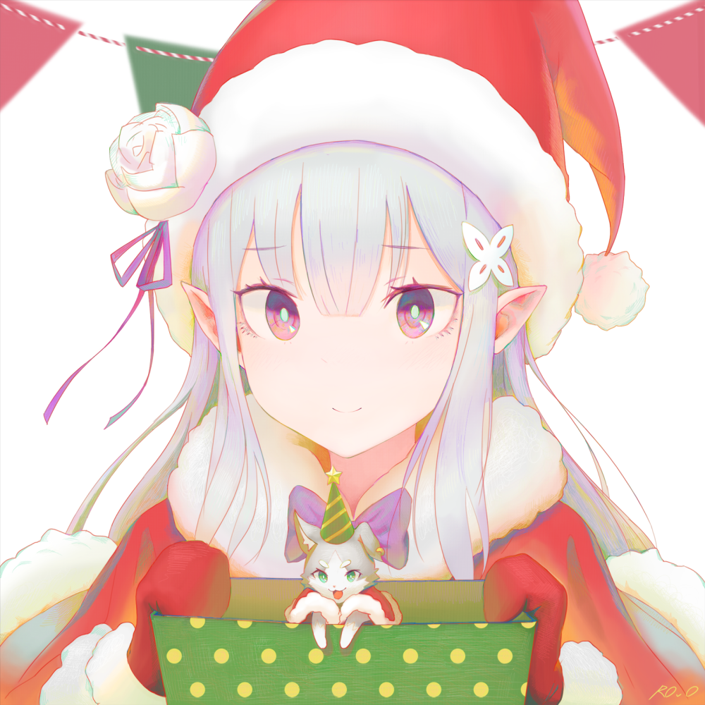 【来源pixiv，侵删】メリークリスマス
画师：R0v0
艾米莉娅（亦译：爱蜜莉雅），是日本轻小说《Re：从零开始的异世界生活》及其衍生作品中的女主角，银发紫瞳的半精灵少女，性格十分的老好人，本人却不肯坦率地承认这点，有时则会些许的天然呆。 EMT！
动漫/二次元/原创/同人画/人物插画/手绘/女生头像/壁纸/锁屏/背景/美少女/银发/银长直/紫瞳/白丝