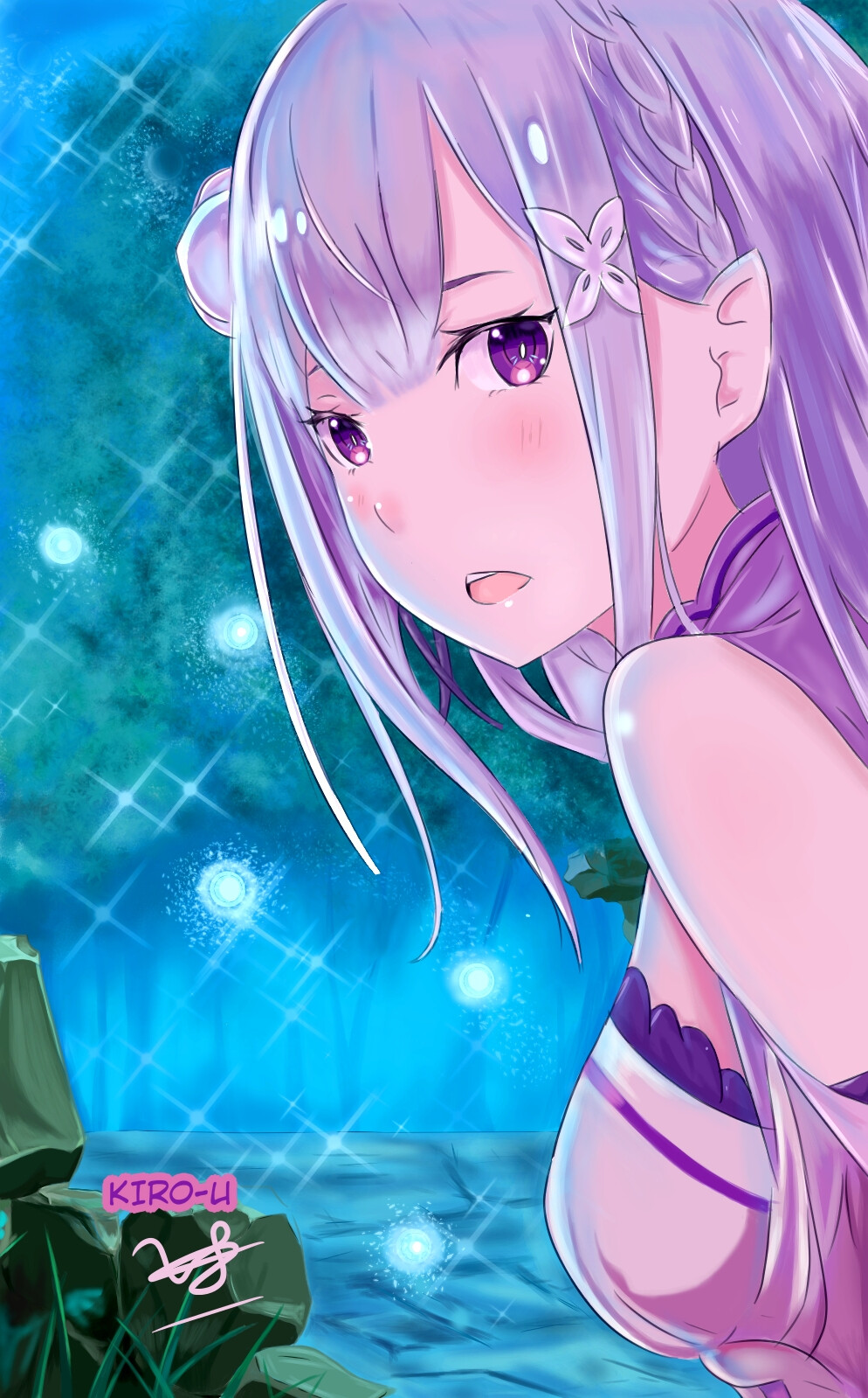 【来源pixiv，侵删】Emilia-tan in a morie ❤️✨
画师：Kiro-U
艾米莉娅（亦译：爱蜜莉雅），是日本轻小说《Re：从零开始的异世界生活》及其衍生作品中的女主角，银发紫瞳的半精灵少女，性格十分的老好人，本人却不肯坦率地承认这点，有时则会些许的天然呆。 EMT！
动漫/二次元/原创/同人画/人物插画/手绘/女生头像/壁纸/锁屏/背景/美少女/银发/银长直/紫瞳/白丝